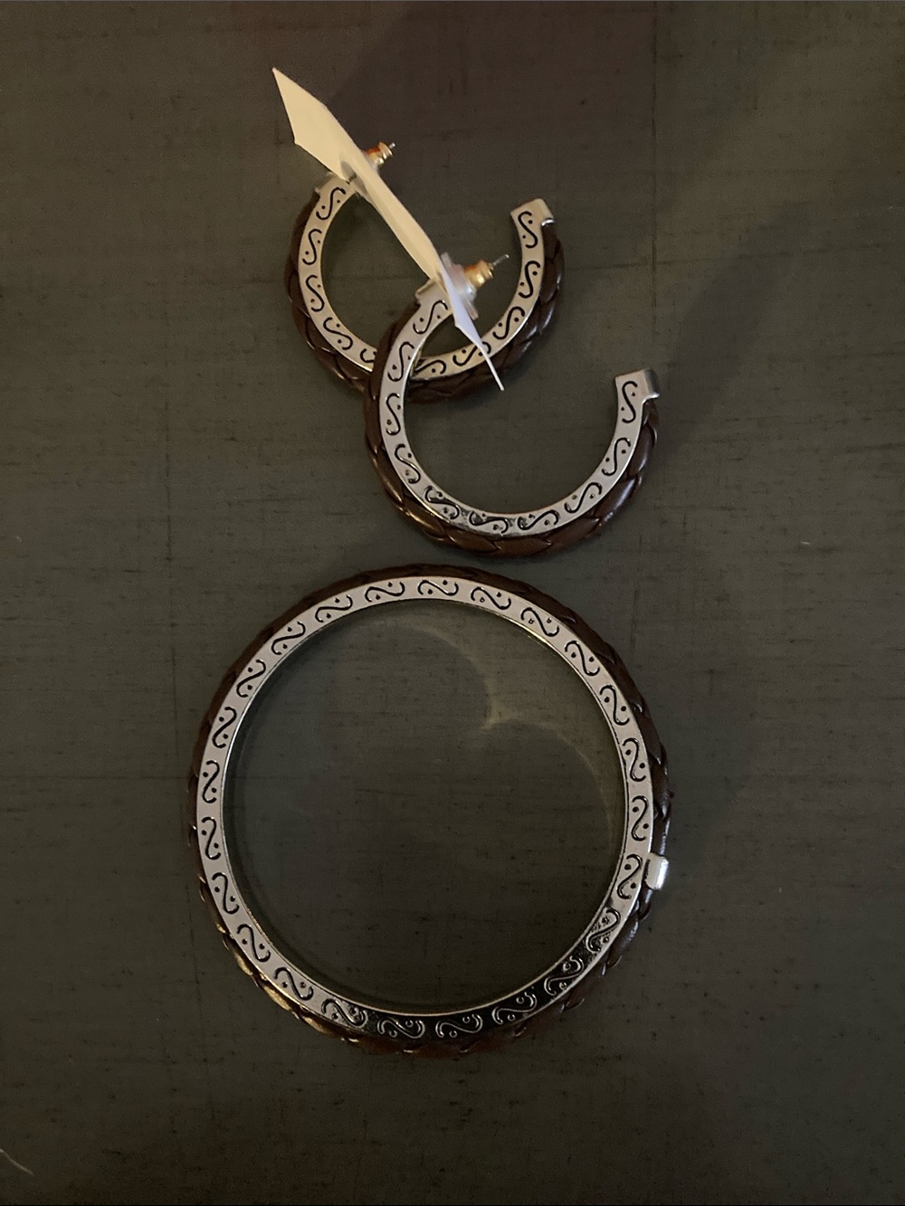 Brown Resin Hoop Earrings with Silver-Tone Filigree Trim